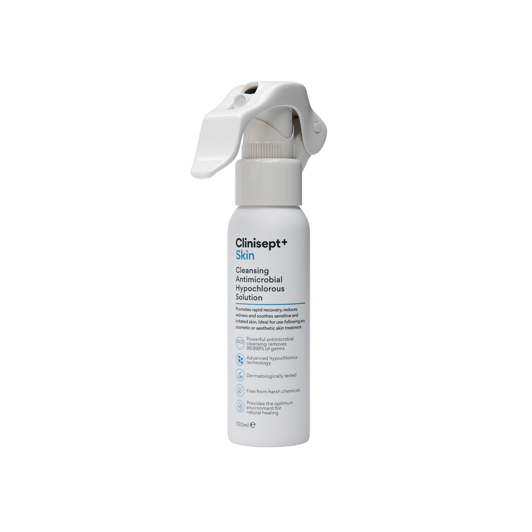 Clinisep+ Skin cleansing antmicrobial hypochlorous solution spray bottle on a white background
